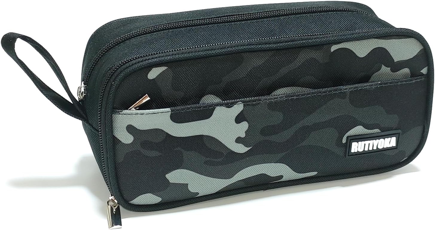 Large Pencil Case Pouch, Pencil Bag with 3 Compartments for Kids, Camouflage Pen Bag with Zipper, Pencil Organizer, Cute Aesthetic School Supplies for Teen Girls Boys Adults Black
