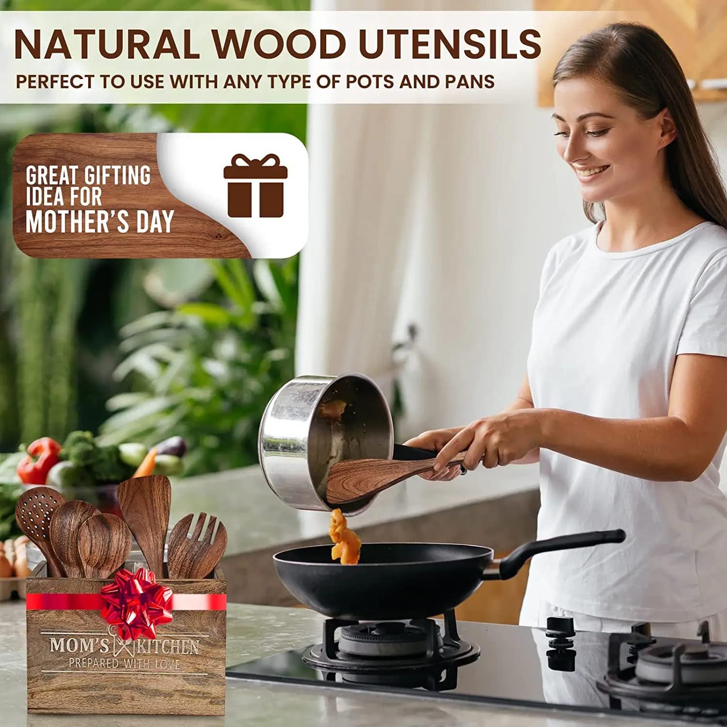 Mango Wood Utensil Holder With Acacia Wood Kitchen Utensils Set of 6 Includes Turner, Spatula, Skimmer, Fork Spoon & 2 Serving Spoons Cooking