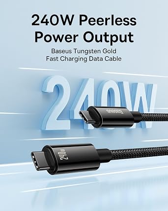 Baseus Tungsten Gold Type-C to Type-C Şarj Kablosu, 240W Hızlı Şarj Destekli, Metal Uçlu, 1 Metre, Siyah - Dayanıklı Data Kablosu
