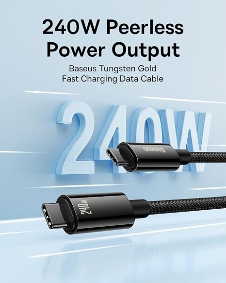 Baseus Tungsten Gold Type-C to Type-C Şarj Kablosu, 240W Hızlı Şarj Destekli, Metal Uçlu, 1 Metre, Siyah - Dayanıklı Data Kablosu