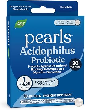 Natures Way Probiotic Pearls Acidophilus, Supports Digestive Balance & Gut Health*, Reduces Occasional Constipation and Bloating*, 1 Billion CFU, No Refrigeration Required, 30 Softgels