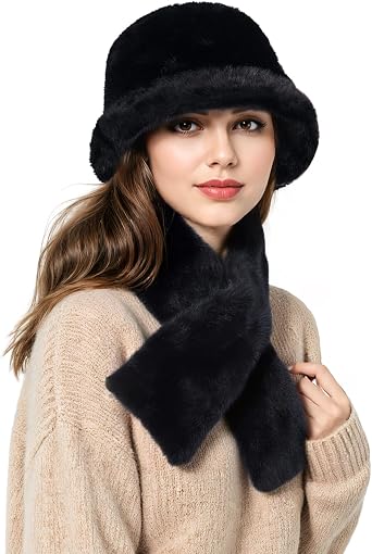 Bucket Hat Scarf Set for Women, Faux Fur Winter Hats for Women, Thick Neck Warmer Scarf for Women