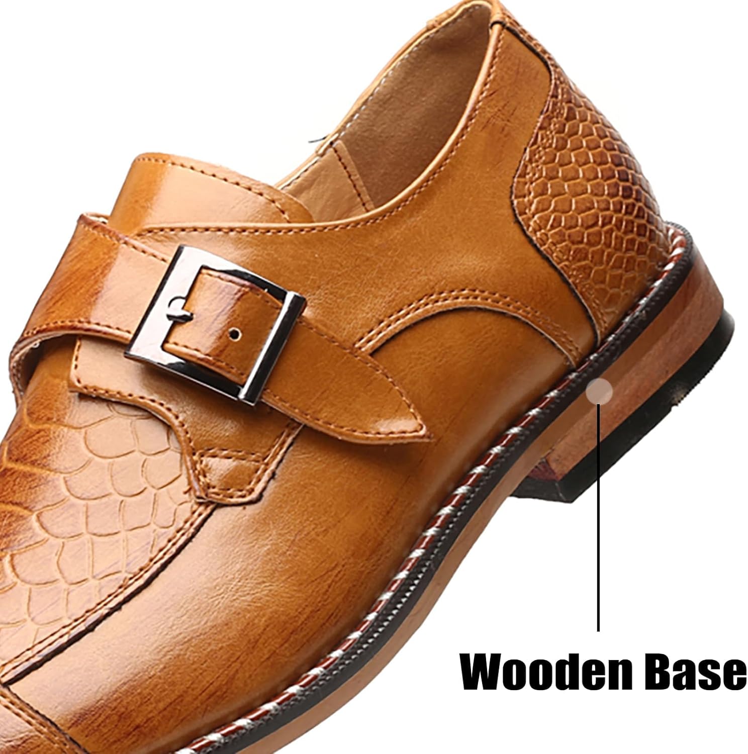 Pointed Toe Dress Oxfords Shoes for Men with Monk Strap, Vintage Casual Slip-on Hand Stitched Stacked Heel Wide Derby Shoe for Office Work Business Fashion - Image 4