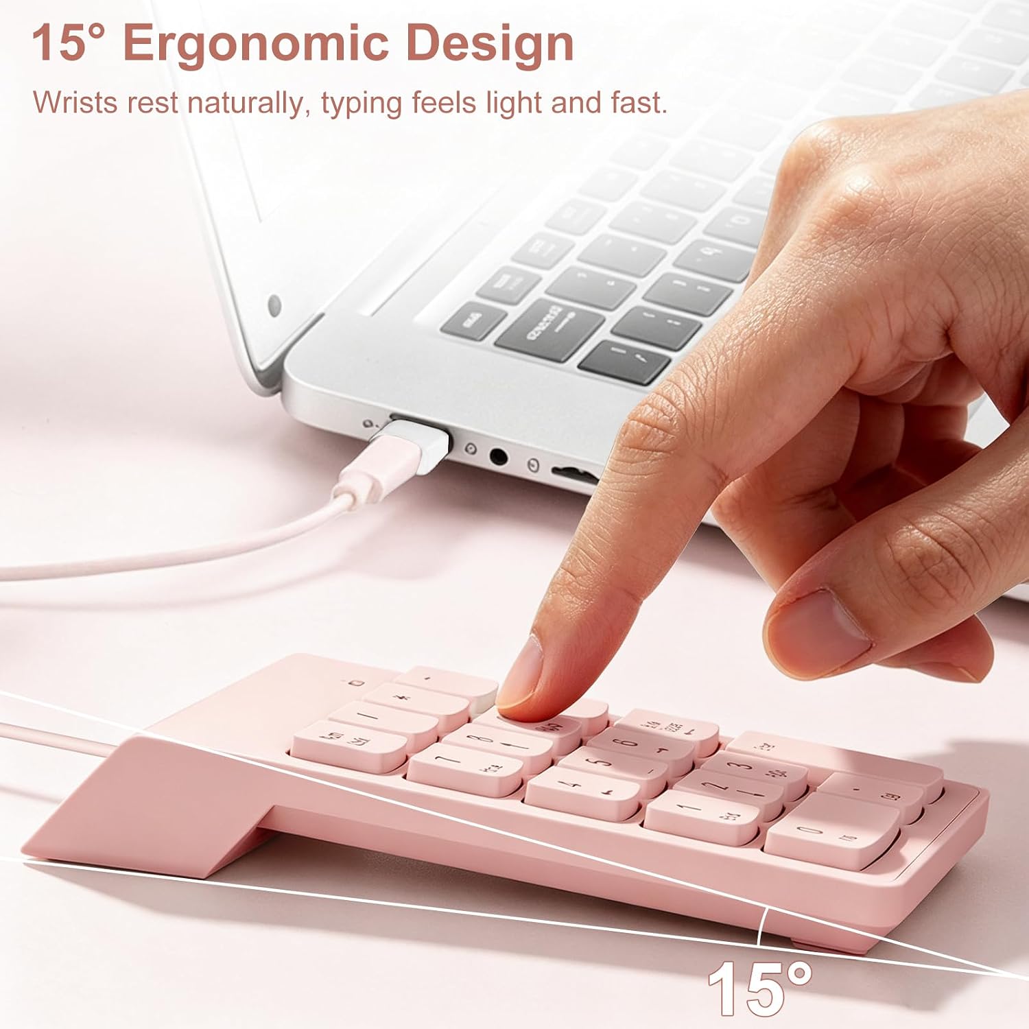 NOOX Wired Number Pad with USB to USB-C Adapter, Numeric Keypad Numpad 18 Keys Portable Financial Number Keyboard, 10 Key USB Keypad for Laptop, Desktop, Surface Pro, Notebook, MacBook - Pink