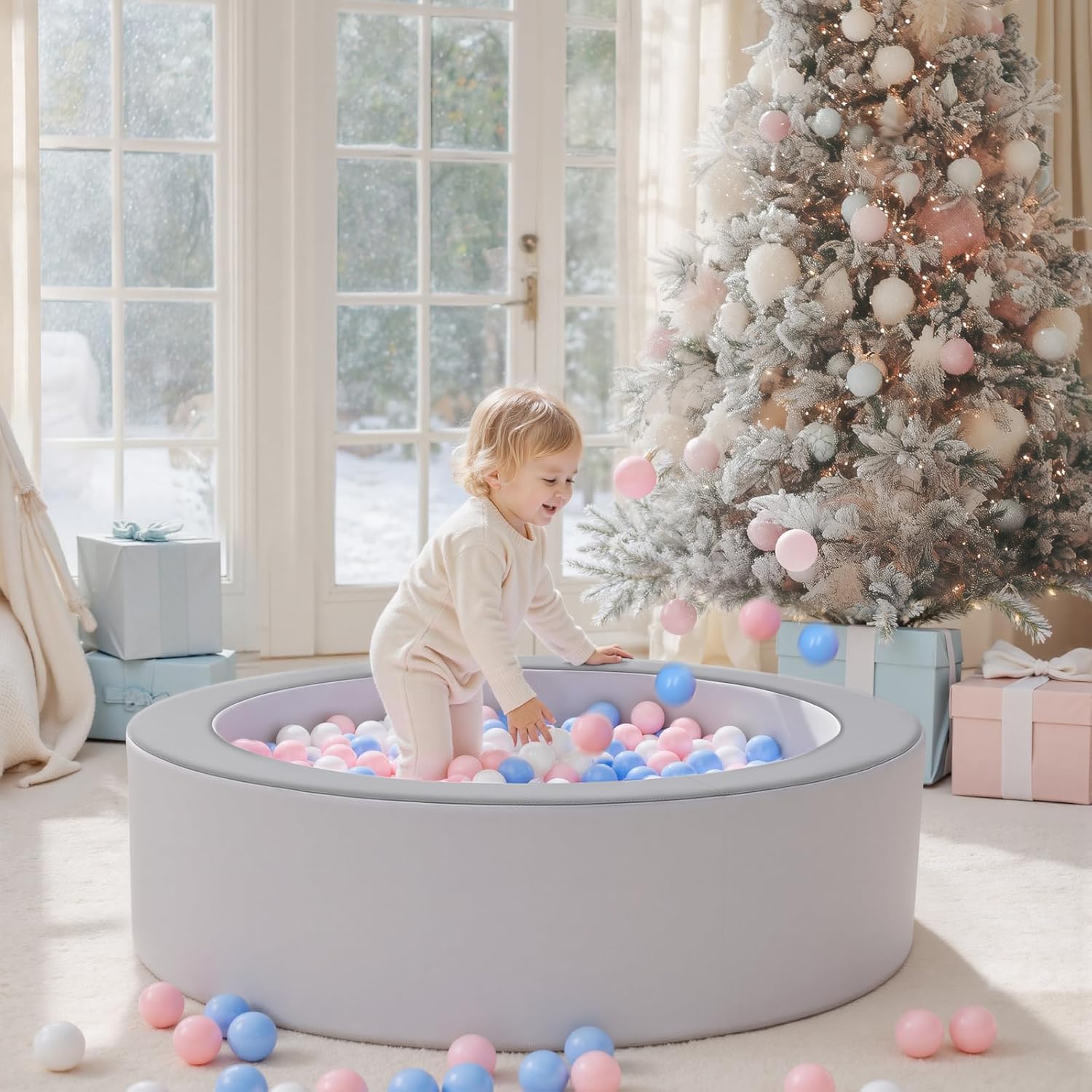 Leather Foam Ball Pit for Toddlers: Waterproof Baby Ball Pit with Soft Memory Foam - Large Soft-Play Set Baby Playpen Indoor Outdoor Games - Ideal Gifts Toys for Boys and Girls (Upgraded Round)