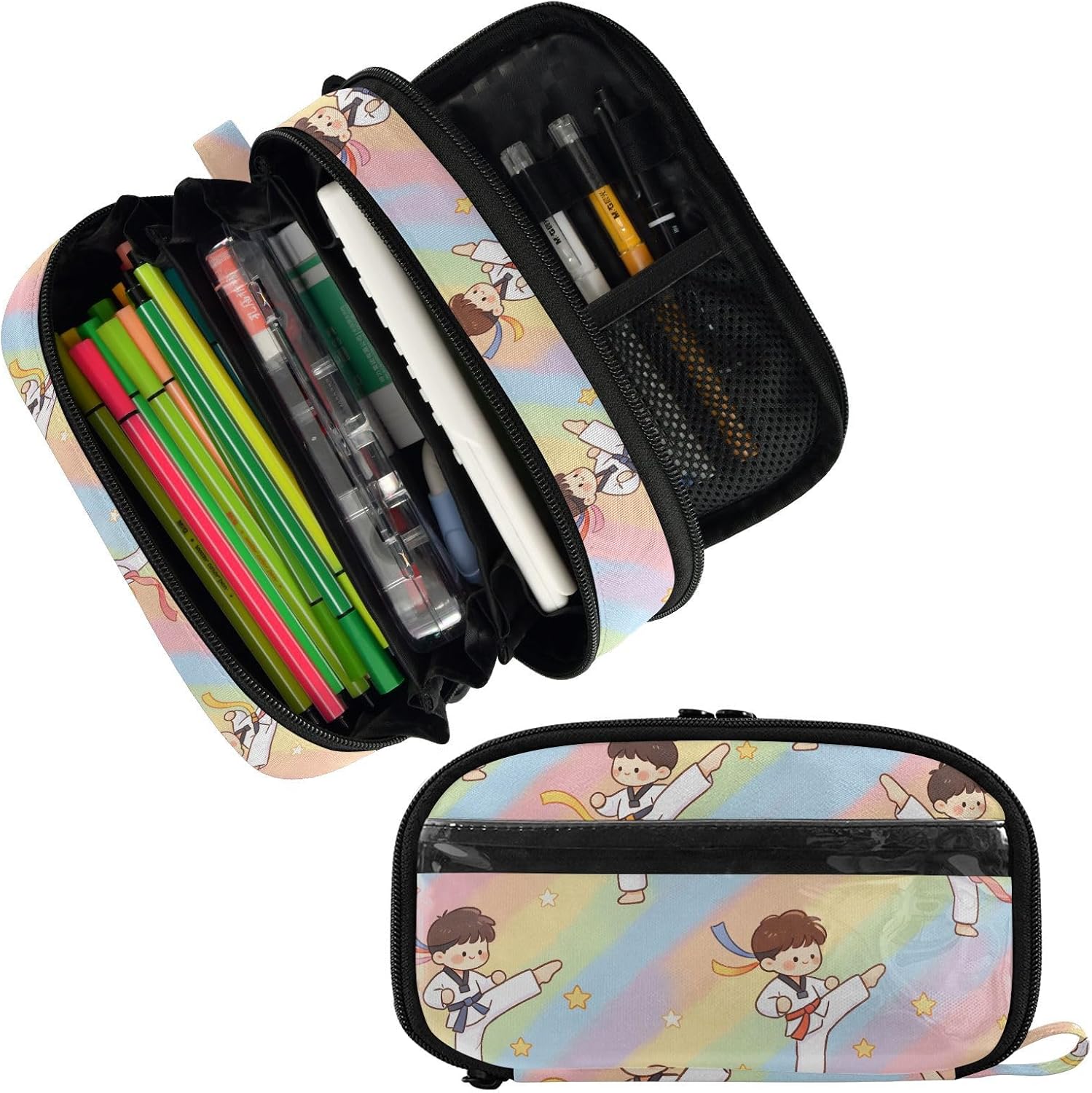 ALAZA Cartoon Taekwondo Pattern Large Capacity Pencil Case, Aesthetic Stationery Organizer Bag with Clear PVC Window, High Capacity Pen Pouch with Dividers for School Office Travel image 2