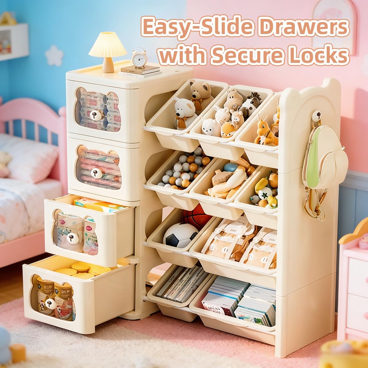 Toy Storage Organizer with 3 Drawers and 7 Bins, 3-Tier Bookshelf with Removable Storage Bins, Cute Bear Cartoon Design, Sturdy Organizer for Playroom, Nursery, Classroom