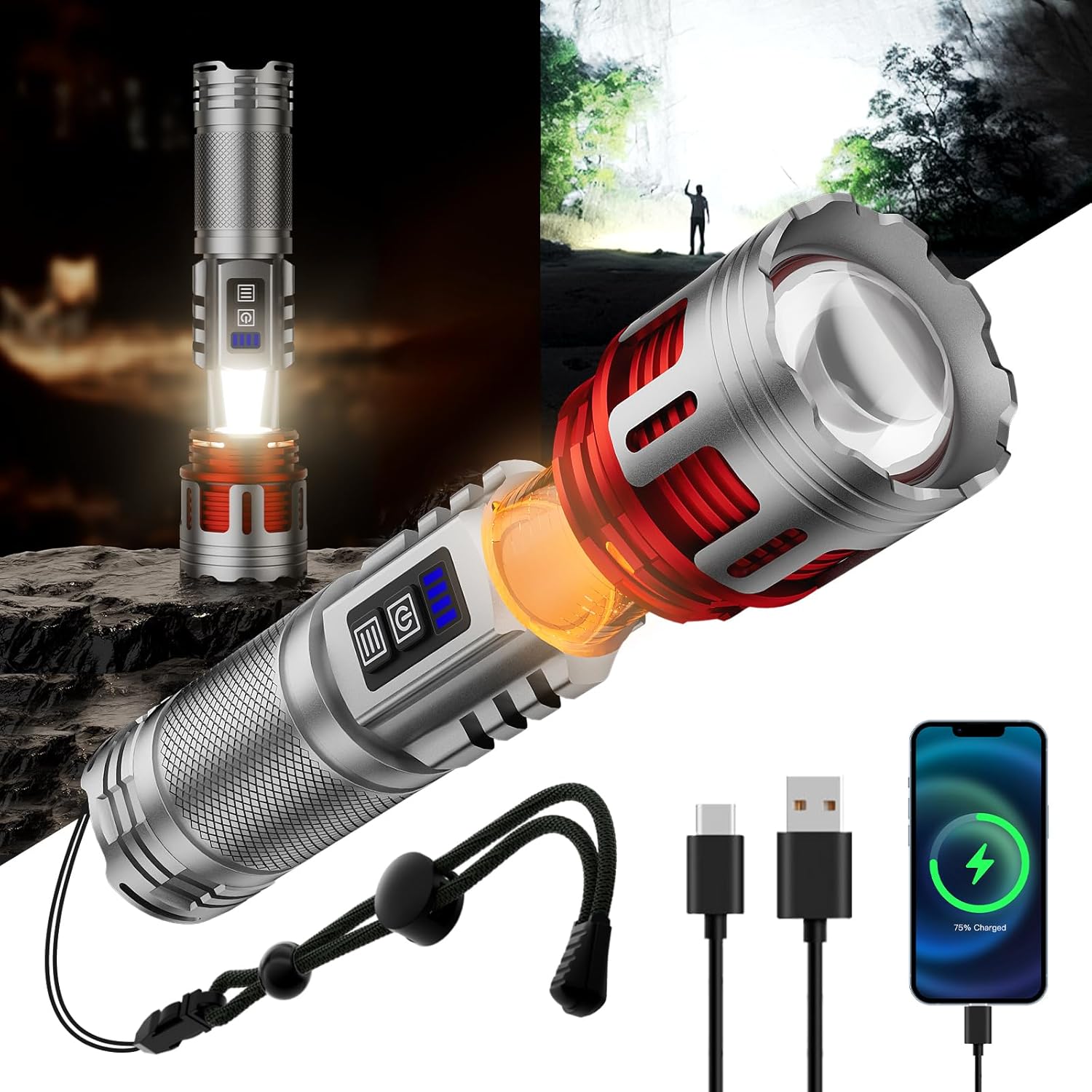 SKYFIRE Linterna LED recargable de alto lúmenes con lámpara ambiental, 8000 linternas tácticas súper brillantes, 2 colores, enfocable, luz de flash