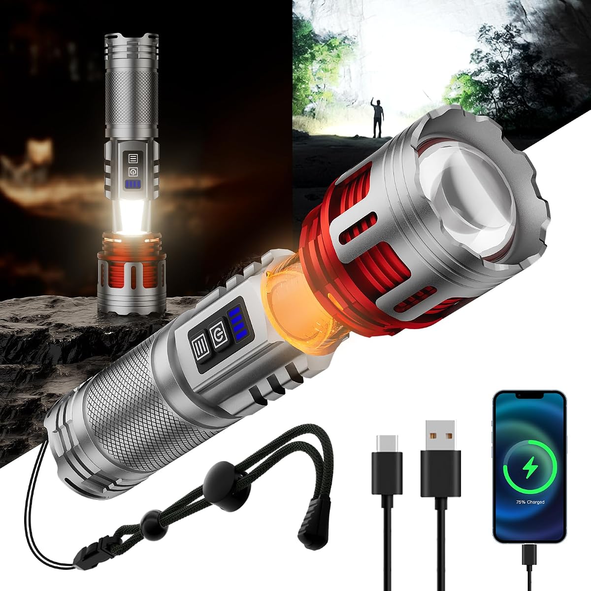 SKYFIRE LED Rechargeable Flashlight High Lumens with Ambient Lamp,8000 Super