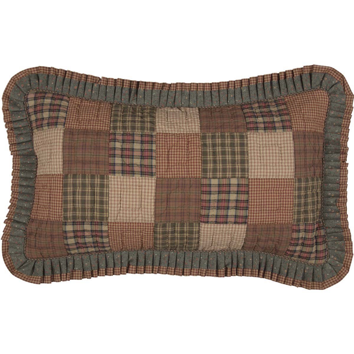 VHC Brands Primitive Patchwork Pillow Cover - 18x18 Inch, Dark Olive Green Plaid & Floral, 100% Cotton, Includes Insert