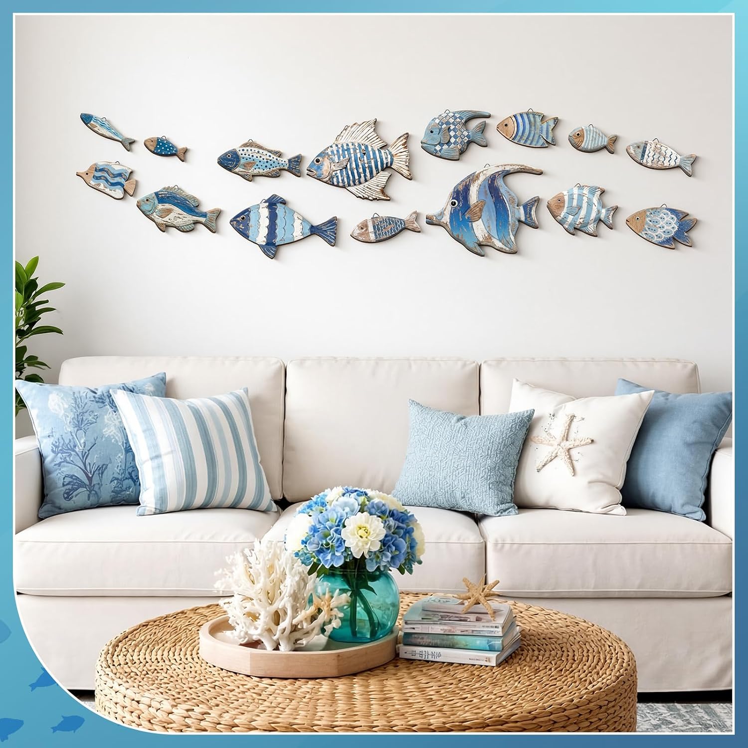 Spiareal 15 Pcs Wood Fish Nautical Wall Decor Wooden School of Fish Wall Art Rustic Hanging Beach Decor Ocean Coastal Theme Vintage Ornaments for Summer Home Lake House Bathroom Bedroom(Charming)