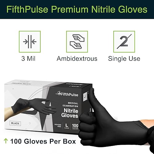 Miniatura 6 de FifthPulse Guantes médicos de nitrilo negros talla XS, 100 unidades, guantes desechables sin látex de grado quirúrgico X pequeños guantes de goma