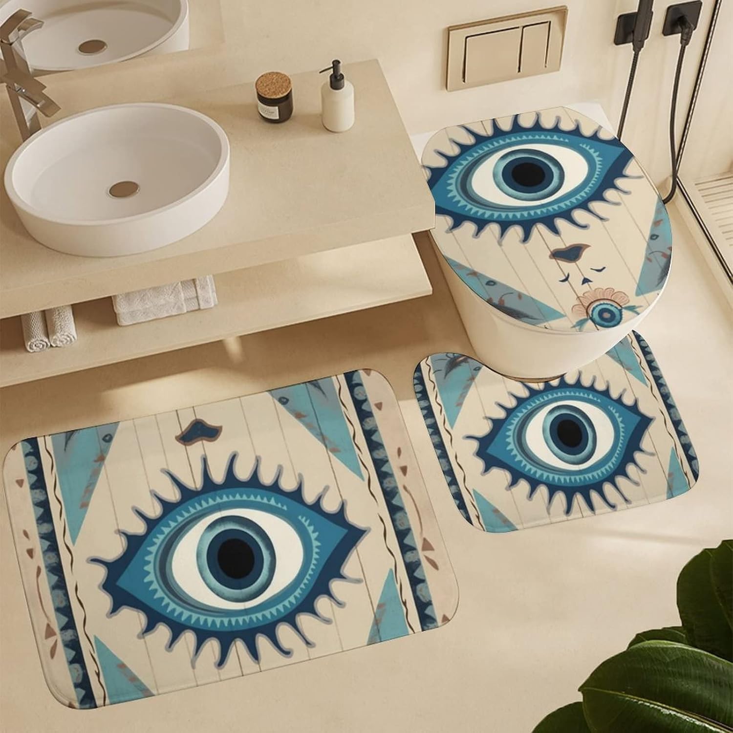 4 Pcs Bathroom Shower Curtain Set,Bathroom Sets with Rugs (Bath Mat,U Shape and Toilet Lid Cover Mat), Evil Eye Tribal Boho Retro Bathroom Decor Set