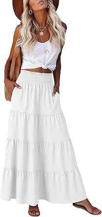 ANRABESS Women's Maxi Skirt, Elastic High Waist A-Line Tiered, Long Flowy Boho Skirt for Summer and Vacation