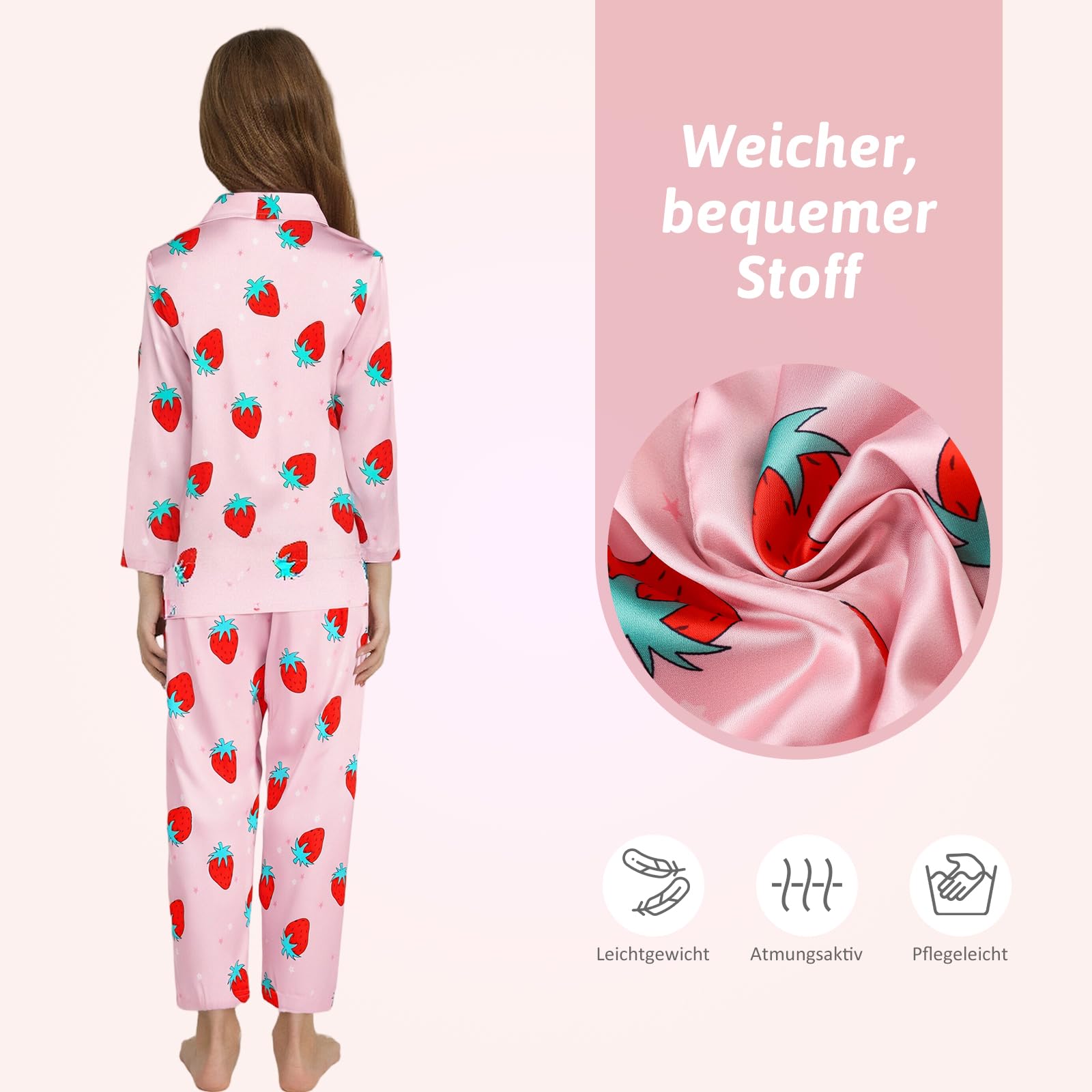 Schlafanzug Mädchen Kinder,Niedliche Pyjamas Sets,Satin Pyjama für Mädchen 5-14 Jahre