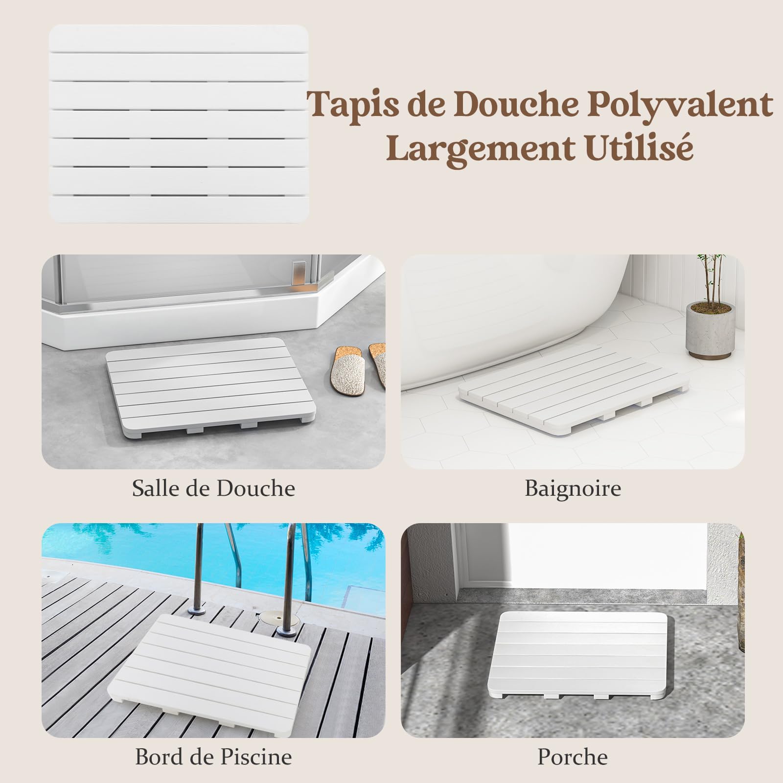 Tapis De Douche Antidérapant 70x40cm - Avec Ventouses Et Trous Drainage - Gris - Anti-Moisissure