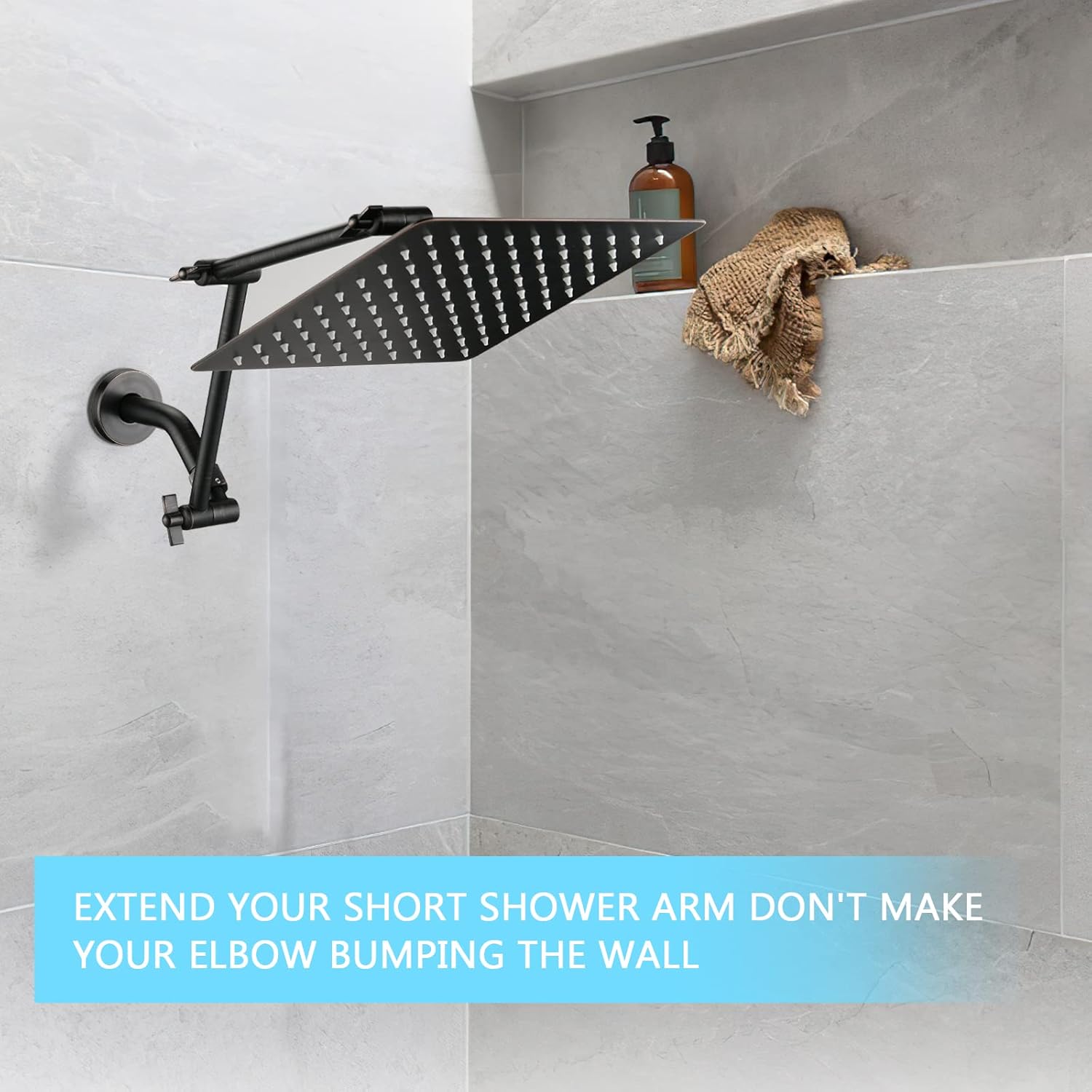 PDPBath Shower Extension Arm, 16" Upgrade Solid Brass Shower Head Extender, Adjustable Height Extended with G1/2 Universal Connection for Rain & Handheld Shower Head - Oil Rubbed Bronze