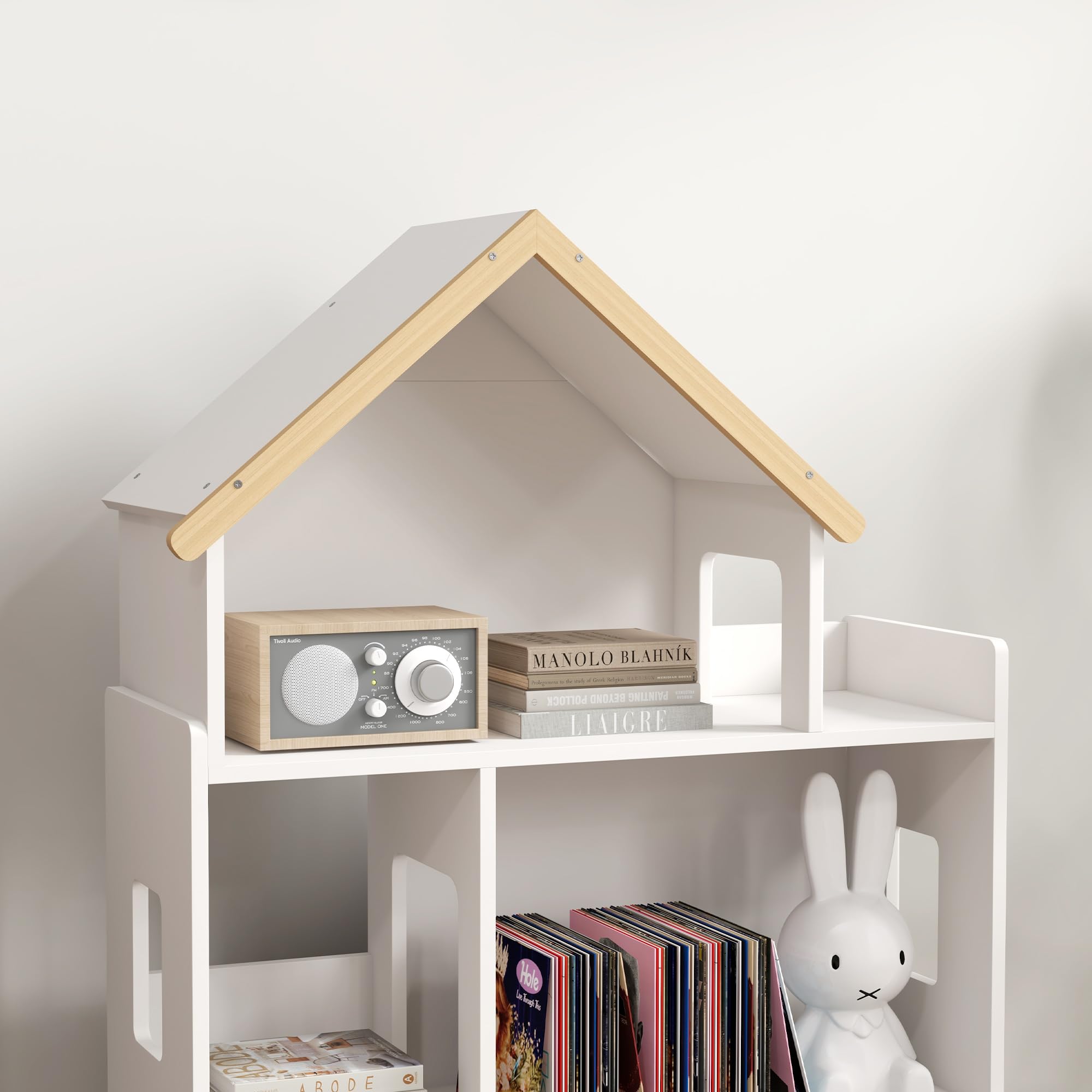 ZONEKIZ Étagère de Rangement pour Jouet Enfant et Livres Meuble de Rangement Forme de Maison - 3 Niveaux avec étagères - Bois Massif - 65 x 25 x 108,5 cm - Blanc et Naturel
