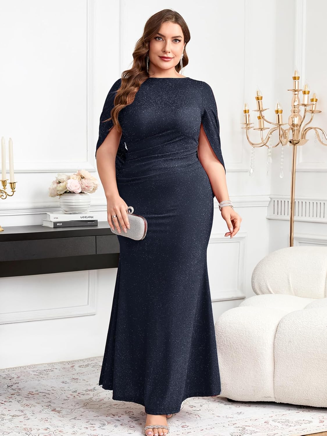 ZOMVA Plus Size Sparkly Glitter Mermaid Maxi Dress Sparkle Sequin Cape Sleeves Ruched Bodycon Dresses Cocktail Formal - Image 5