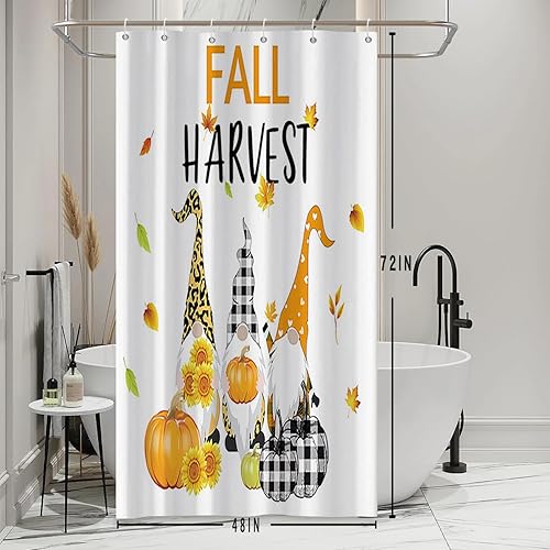 Vista 16 de Yeele Cortinas de ducha de otoño de Acción de Gracias, bonita cortina de ducha de gnomo y calabaza para baño, borde de rejilla blanca y negra