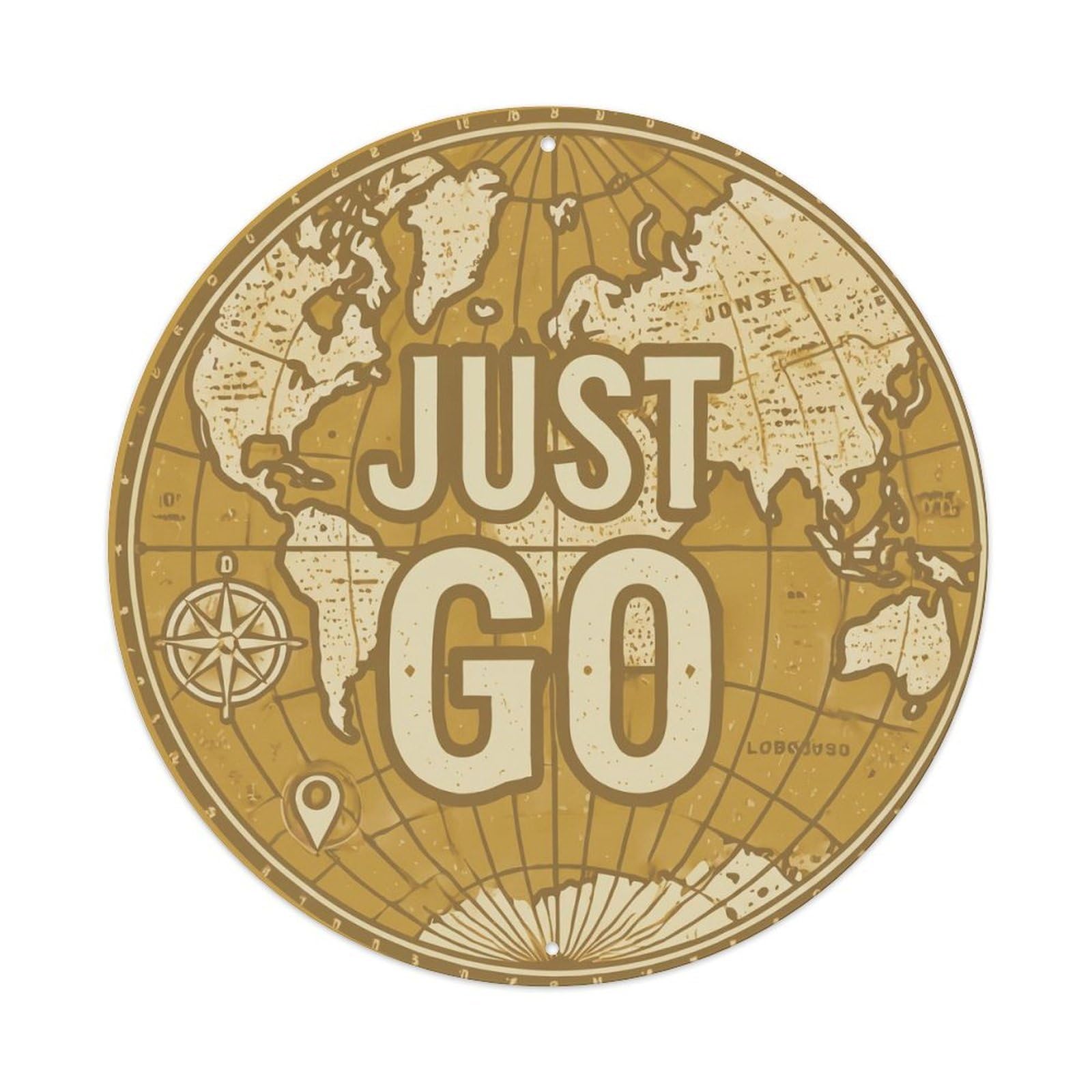 Vintage World Map with Compass Just Go Bearings Metal Tin Sign