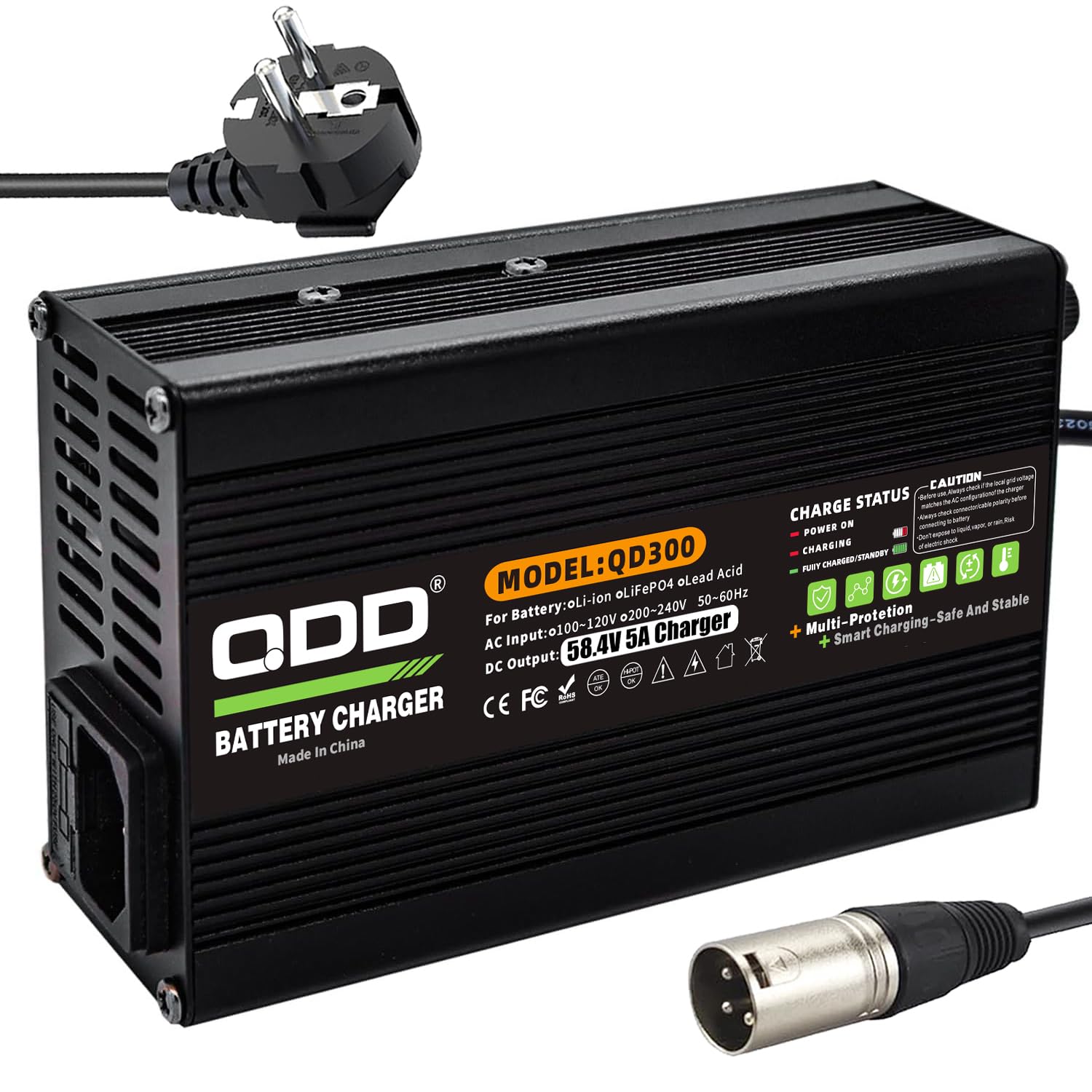 QDD 58,4 V 5 A ładowarka 58,4 V LiFePO4 akumulator Smart ładowarka do akumulatorów 16S 48 V LiFePO4 High Power z 3-biegunowym złączem XLR