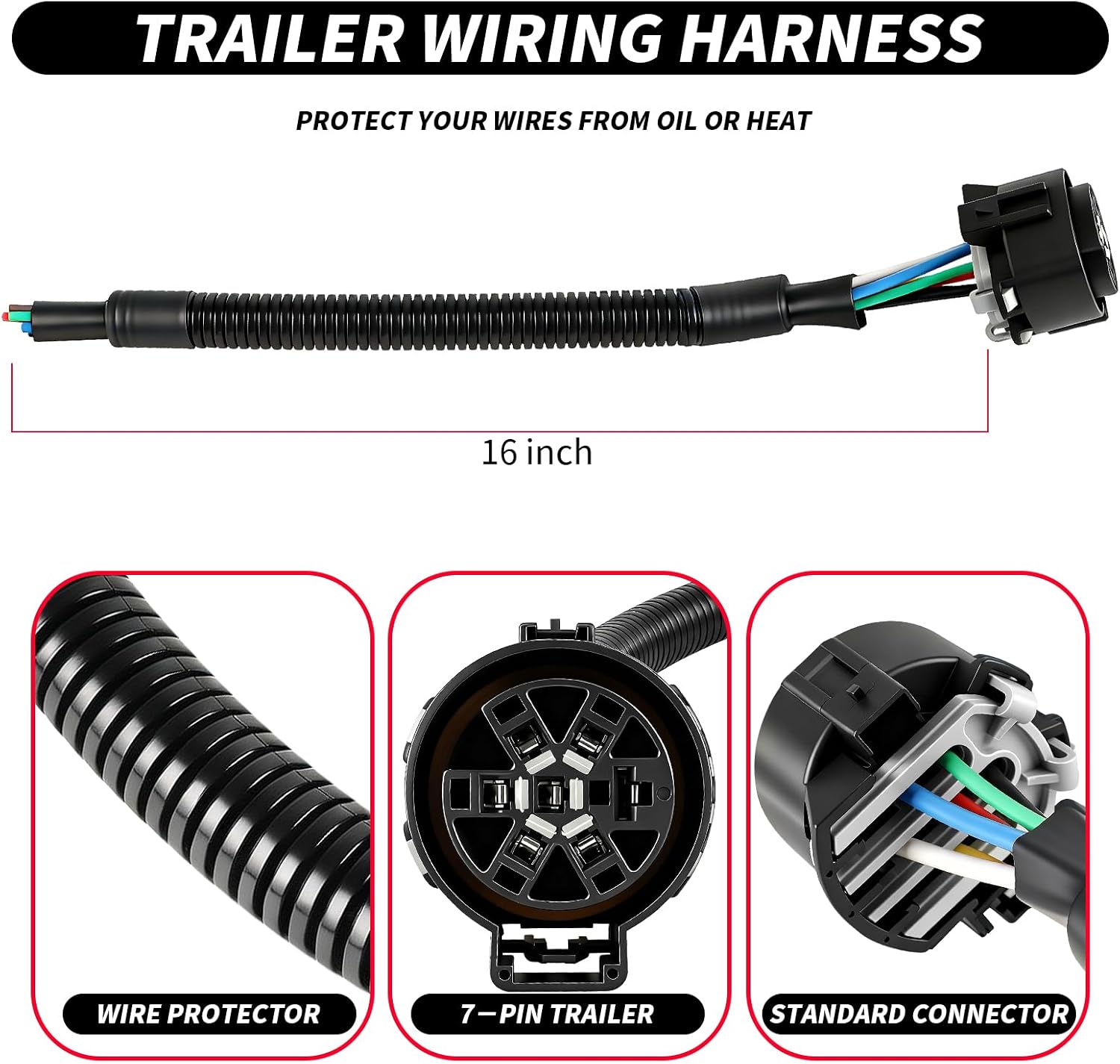7 Pin Trailer Wiring Harness Kit, Trailer Tow Hitch Wiring Harness Plug Connector Kit, Truck Plug for Ford F-150 F-250 F-350 GM Chevy Dodge Ram,7 Blade and 4 Flat Connector