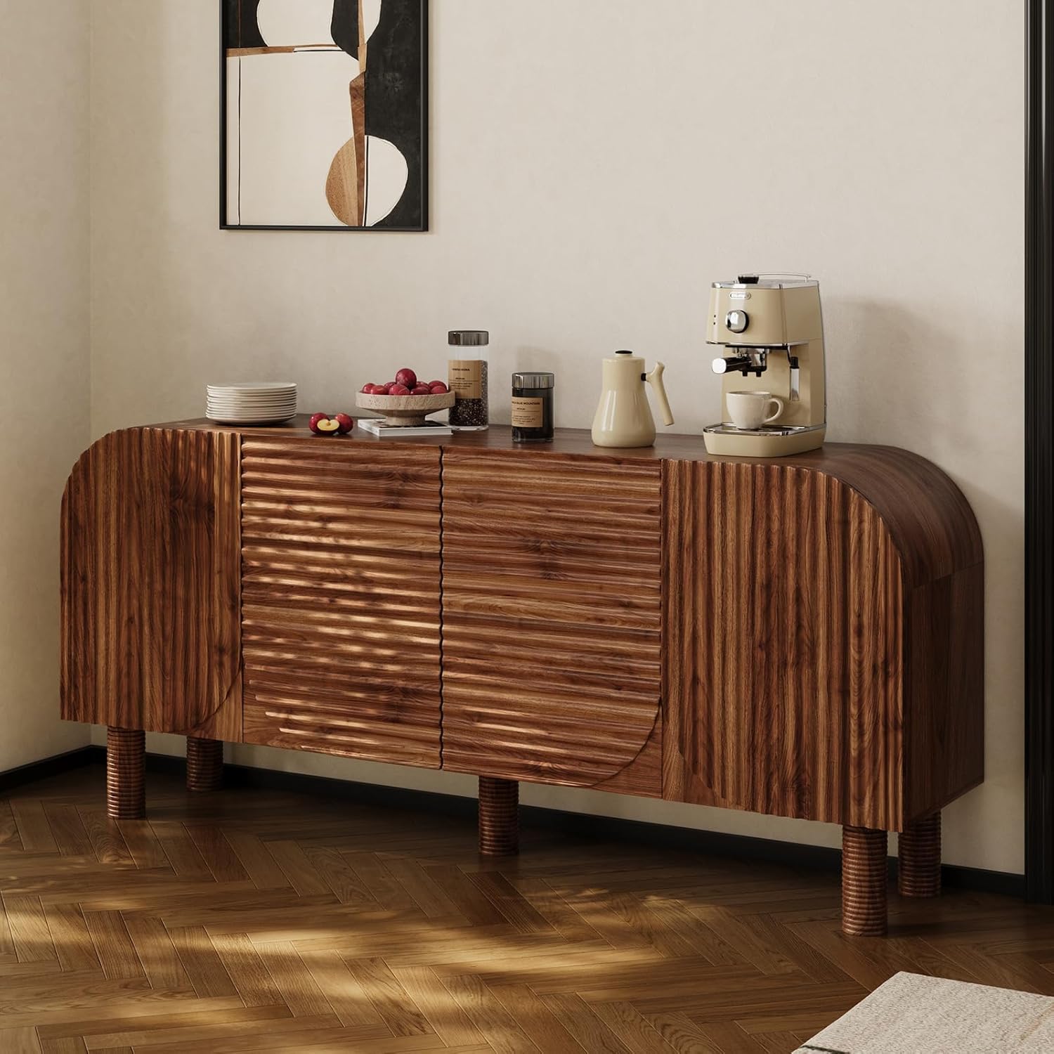 Rophefx 71" Curved Sideboard Cabinet, Large Buffet Sideboard Cabinet with Arched Textured Doors, 4 Doors Credenza with Anti-Tip Device Storage Cabinet for Kitchen, Living Room, Entryway (Walnut)