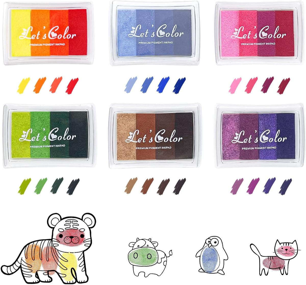 Relota 6 Stück Stempelkissen Set, 24 Farben Fingerabdruck Stempelkissen, Abwaschbar Ungiftig Tinte Stamp Pad, Fingerstempelfarbe Bunt für Papier Handwerk, Stoff Malerei, DIY, Geburtstag Geschenk