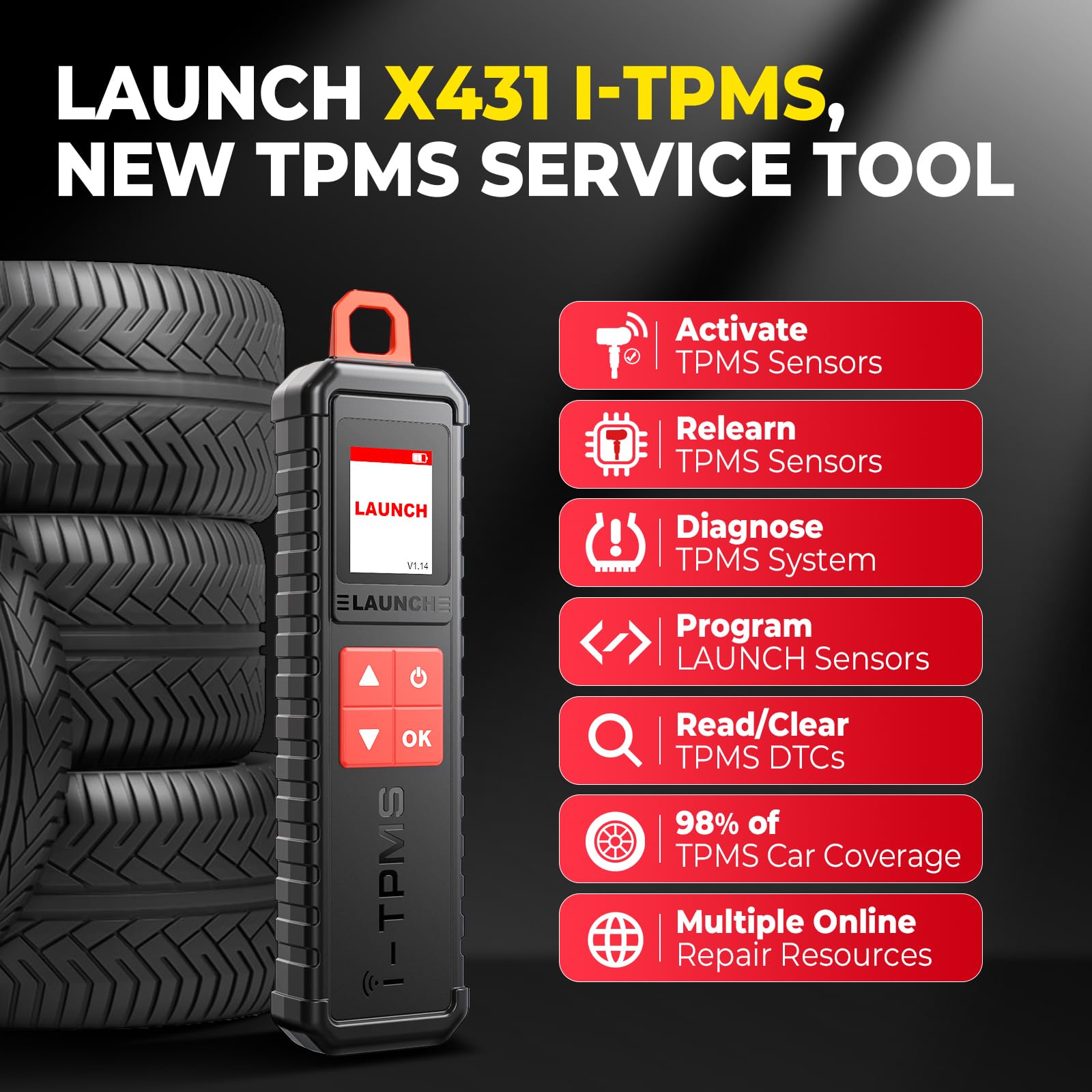 LAUNCH X431 i-TPMS Sensores de Presión de Neumáticos, Activar/Nuevo Aprender/Programar Detector de Presión de Neumáticos, Herramienta de Diagnóstico de TPMS Funciona con X431 V+/Pros V/Pad VII