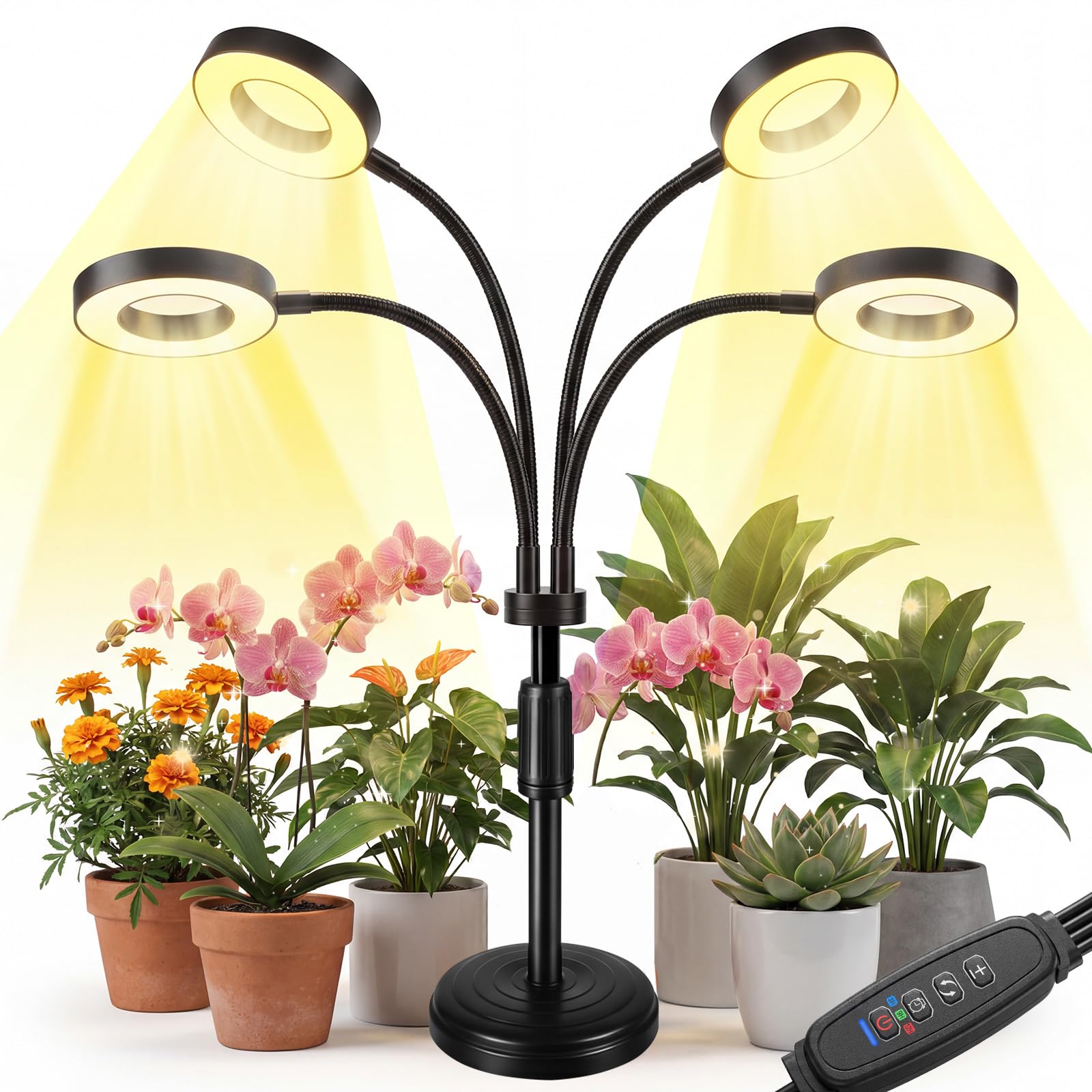 Pflanzenlampe LED Vollspektrum, 100 LEDs Grow Lampe mit 4/8/12H Timer, 4-Kopf Pflanzenlicht mit flexiblem Schwanenhals, Höhenverstellbares Pflanzenlicht für Zimmerpflanzen Pflanzenregal