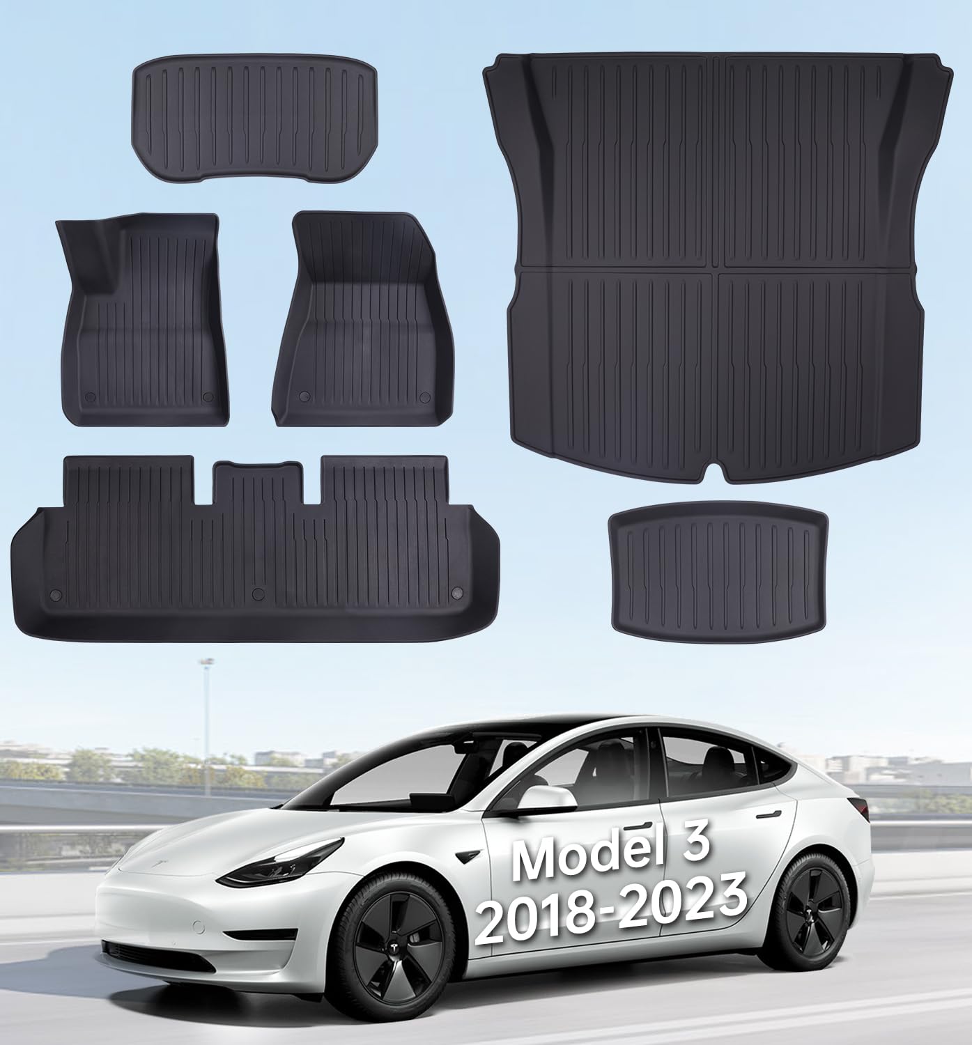 Wekar Floor Mats for Model 3 2023-2018 - Full Set All Weather TPE Front Rear Cargo Sub-Trunk Mats