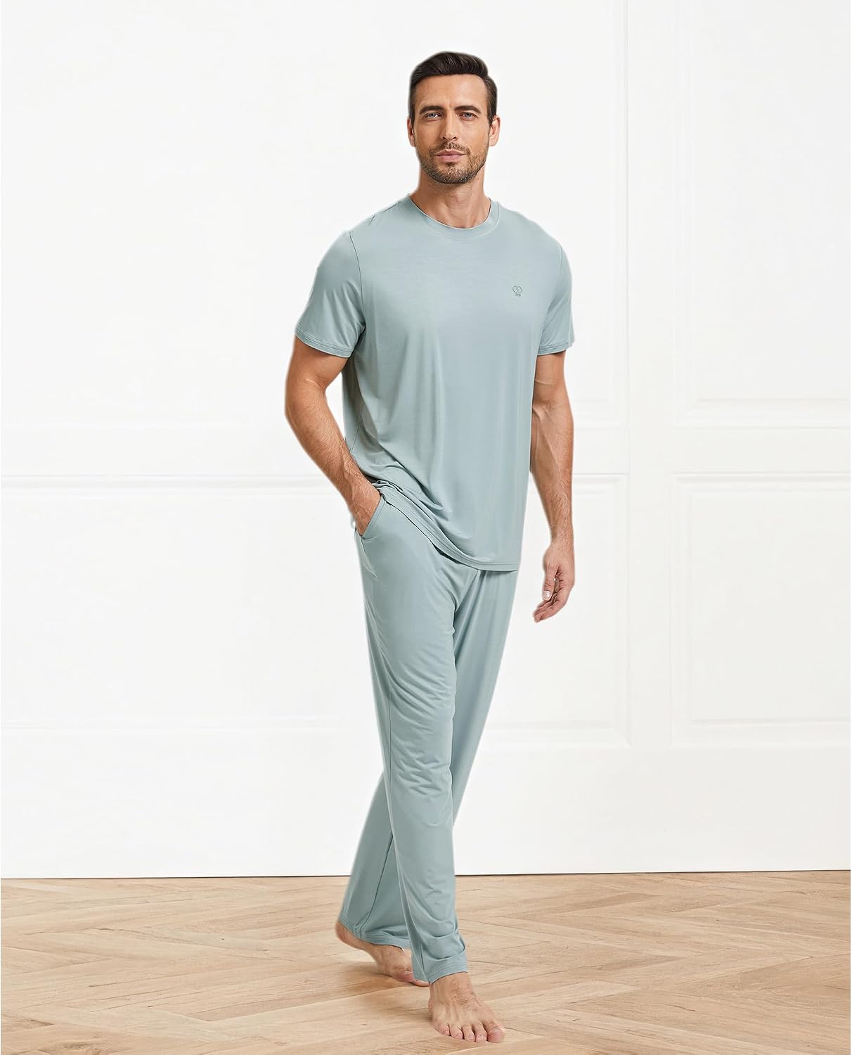 GYS Men's Pajama Sets Bamboo Viscose Short Sleeve Top and Long Pants 2 Piece Sleepwear