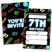 7th Birthday Party Invitations, Neon Seven Year Old Invitations Card for Boys Girls 30 Cards & 30 Envelopes