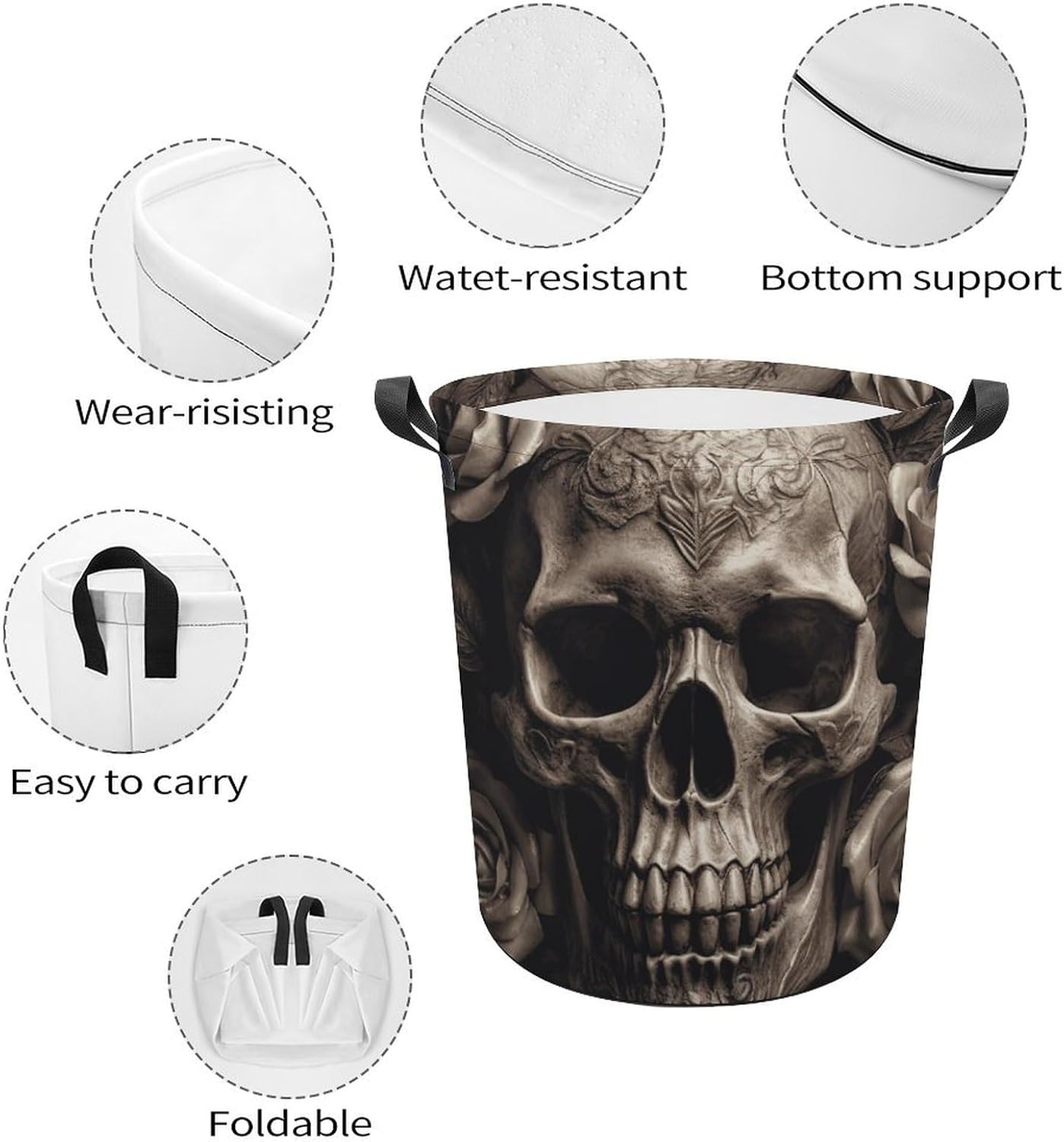 Leather Rose Skull Laundry Basket Foldable Oxford Cloth Laundry Hamper Tote Bag Clothes Toy Storage Bucket For Bathroom Laundry Bedroom 44x35cm image 4
