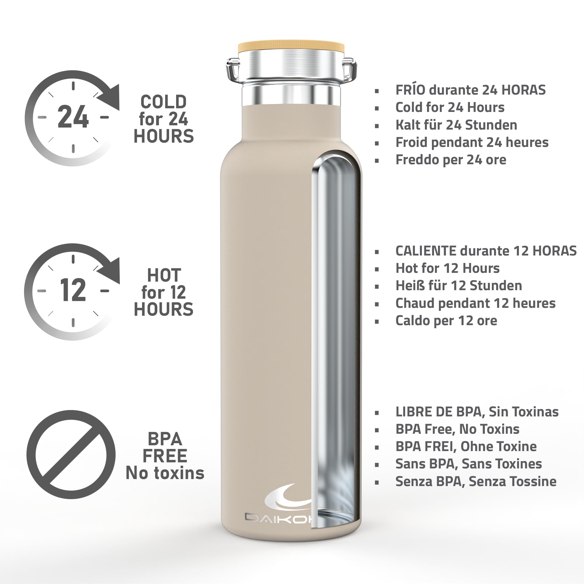 Daikoku Botella Agua Acero Inoxidable - 1L - Botella Térmica - Bebidas Frías 24 Horas y Calientes 12 Horas - Botella Agua Antigoteo - Doble Pared Libre de BPA - Cantimplora Termica - Beige — view 2