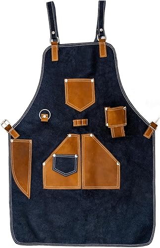 Caminos Boots - Delantal unisex Percheron para barbacoa y trabajo con múltiples bolsillos, 100% cuero genuino con correas cruzadas en la espalda