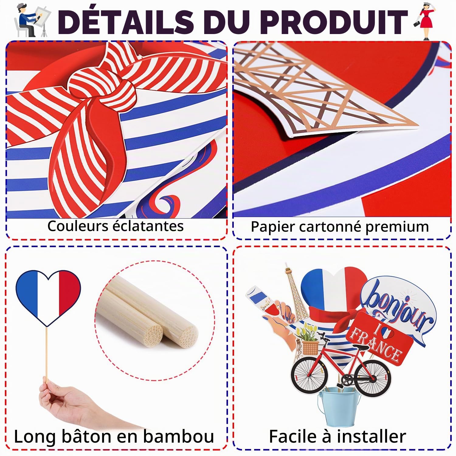 Lot de 40 accessoires de photomaton français, accessoires de photomaton français, décorations de fête française, pour anniversaire sur le thème de Paris, décoration de fête de la Bastille, décoration
