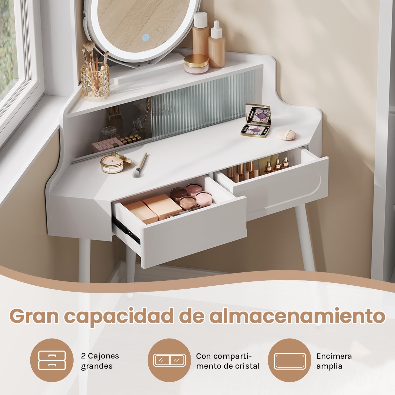 WOLTU Tocador con Espejo, Luz Regulable, Tocador Maquillaje con 2 Cajones, 1 Compartimento con Puertas de Cristal, Patas de Metal, Blanco, MB6119ws