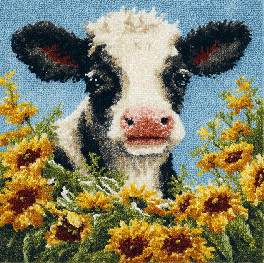 AxiangziK Latch Hook Kit for Adults 43x43cm,Cows and Flowers