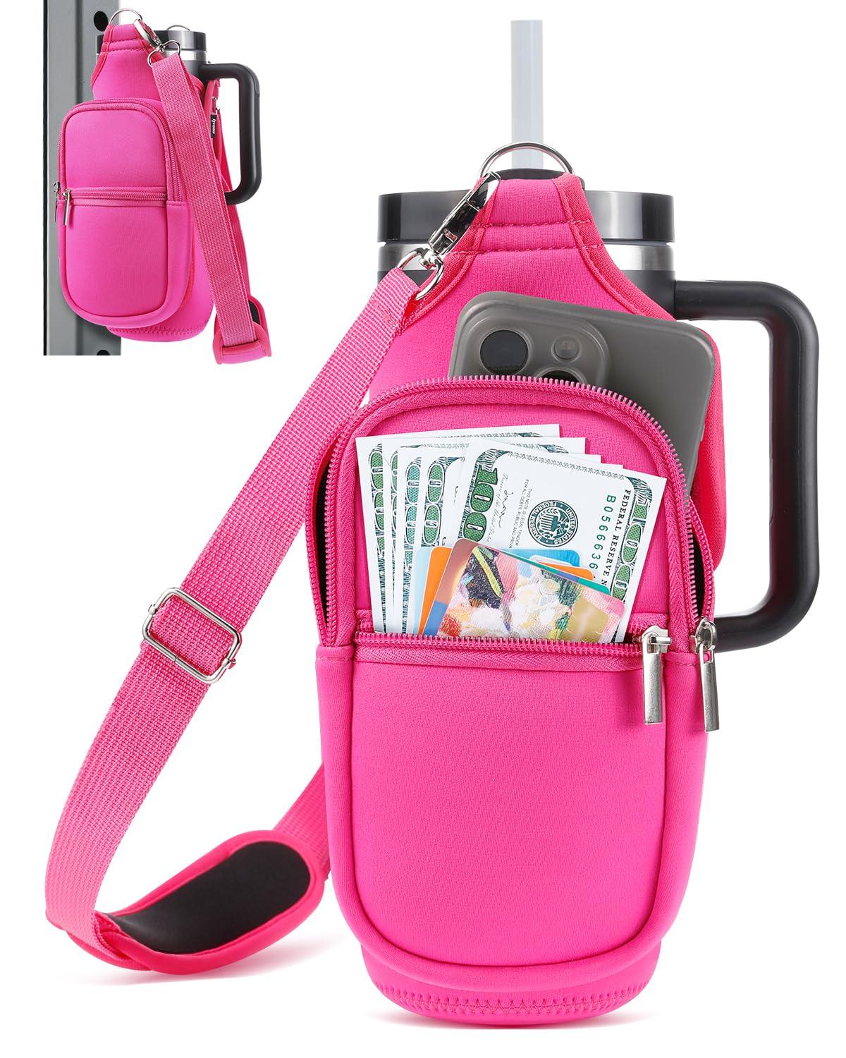 IPOW Magnetic Gym Bag Water Bottle Carrier Holder with Phone Pockets & Shoulder Strap for Men Women,Water Bottle Holder, Gym Pouch, Crossbody Bag for