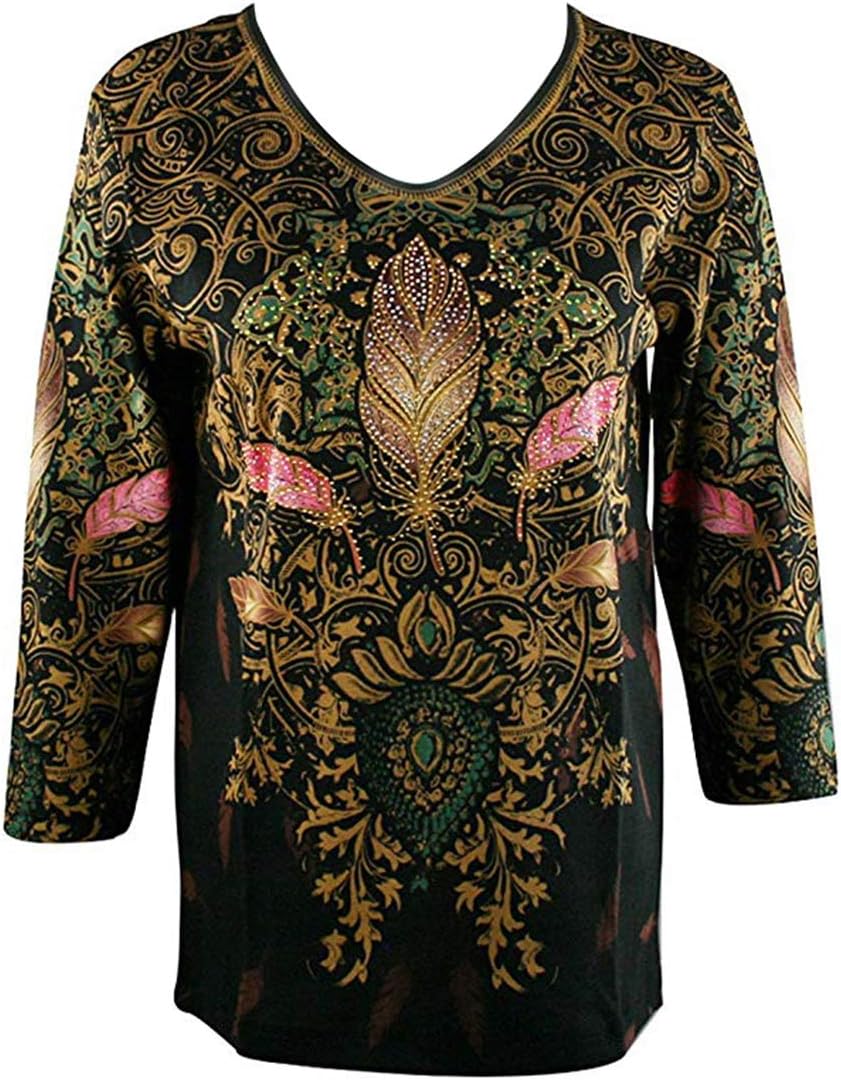 Cactus Bay - Feather Tapestry, 3/4 Sleeve Rhinestone Accented Cotton Print Top
