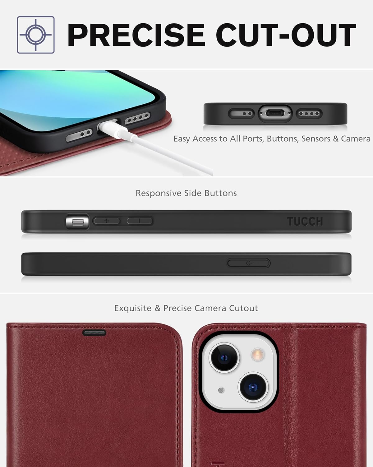 TUCCH Wallet Case for iPhone 13 Mini, RFID Blocking Card Slot Stand [Shockproof TPU Interior Protective Case], PU Leather Magnetic Flip Cover Compatible with iPhone 13 Mini 5.4-inch, Dark Red