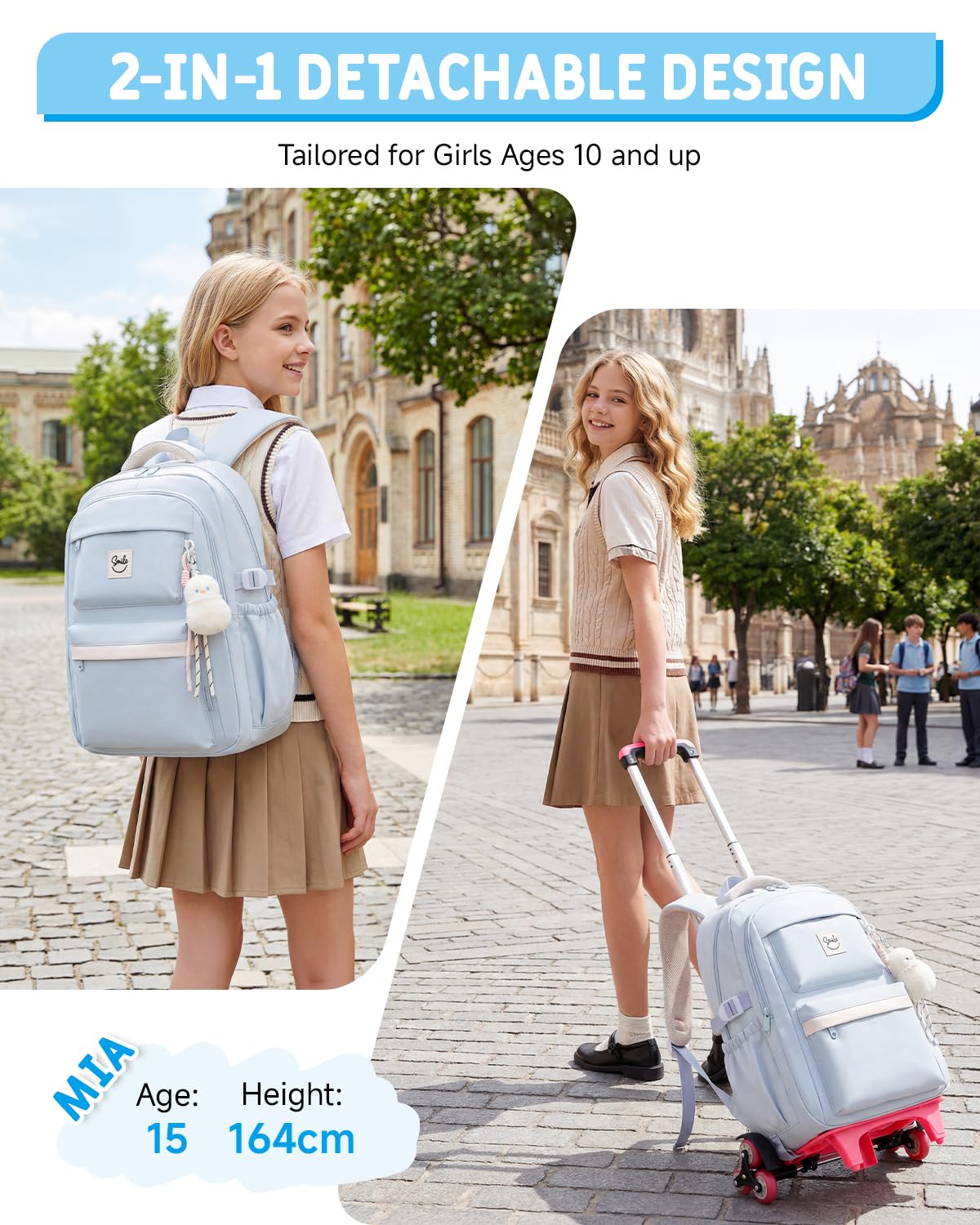 Tanou Mochilas Escolares con Ruedas para Niñas, Mochila Instituto para Adolescentes Chicas con Trolley Desmontable, 26L Mochila Casual con Carro de 6 Ruedas, Azul