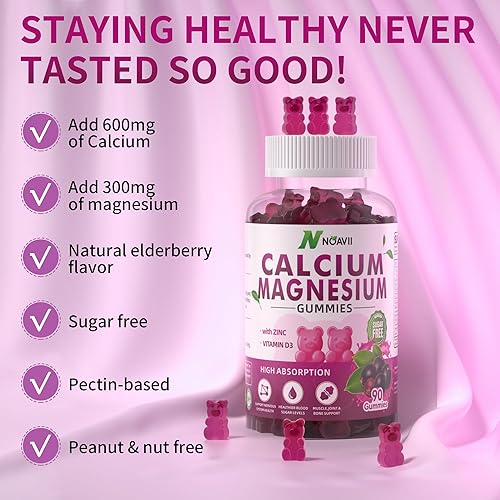 Miniatura 5 de Gomitas de calcio y magnesio y zinc con vitamina D3, suplemento de ashwagandha, absorción mejorada de alta potencia, sabor a saúco, 90 unidades