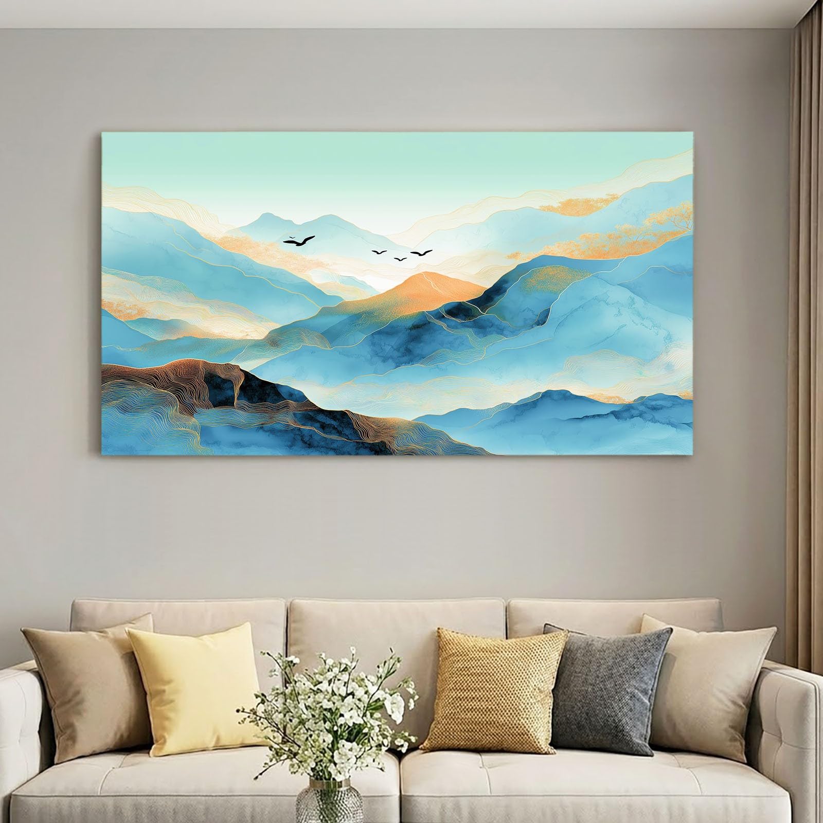 Leinwandbild 100 x 70 cm Leinwandbilder mit Abstrakt, Bild auf Leinwand - Kunstdruck auf Canvas, Bilder Wanddeko für Wohnzimmer, Schlafzimmer, Esszimmer, Berge Vogel Landschaft Blau