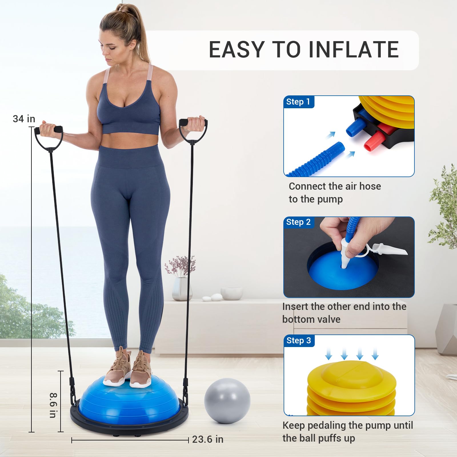 23/25in Balance Ball, 1600 lbs Half Exercise Ball with Nonslip Base, Inflatable Half Ball Balance Trainer, Stability Half Yoga Ball Strength Training Equipment with 2 Bands, Pump, Extra Ball Included
