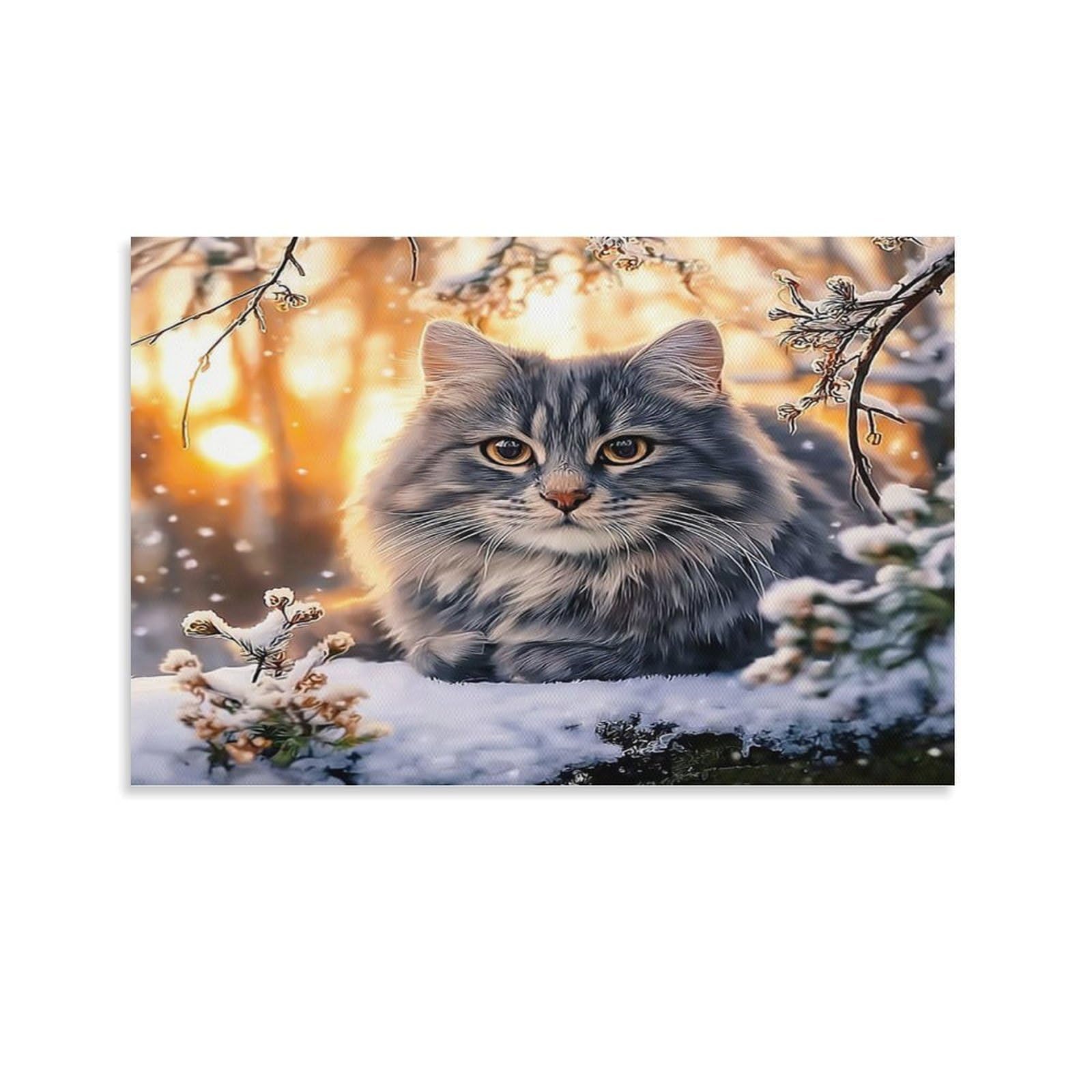 CPLVKWRQJ Snowy Cat Portrait 1 Piece Fluffy Tabby Cat Sunset Snowy Woodland Canvas Wall Hanging - Nursery Space Saving Removable Ready to Hang Wall Decor 20x30inch(50x75cm)