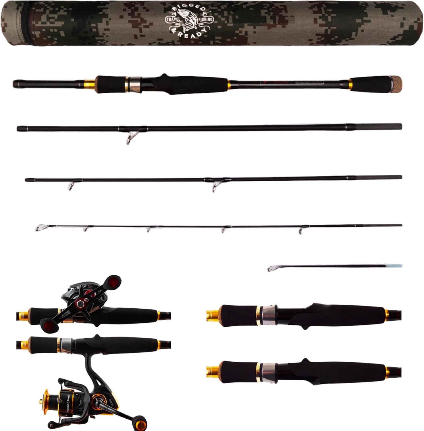 Rigged and Ready Predator Series Spin & Baitcast Travel Fishing Rods. Unique Spin Cast Micro Trigger. Compact Hi-Carbon Rods. 4 Rod Sections, 2 Tips, + case. Mobile Lure Rod Anglers. Fresh & Saltwater