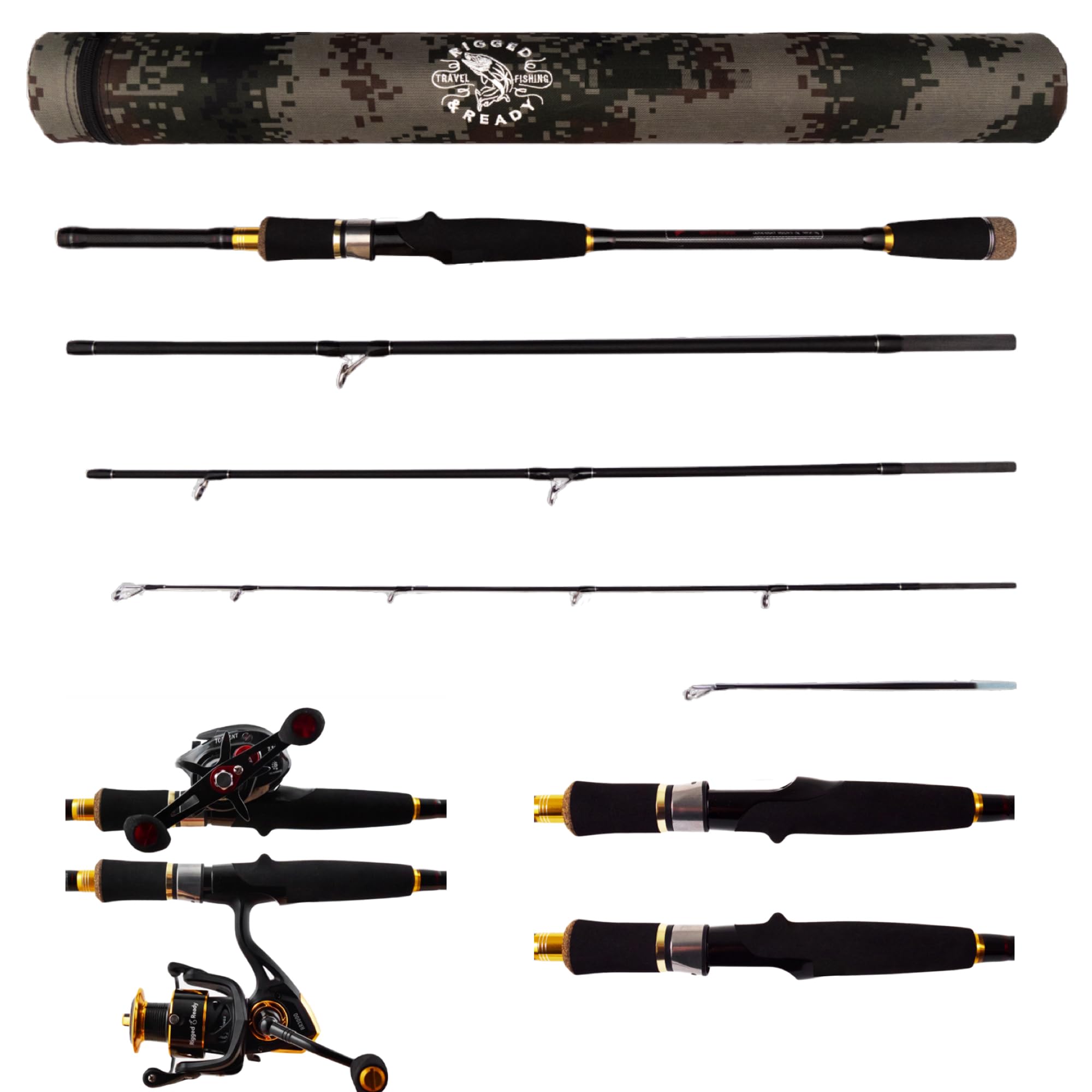 Rigged and Ready Predator Series Spinning & Baitcast Fishing Rods. Compact hi-Carbon rods. Unique Spin/cast Micro Trigger. 4 Rod Sections, 2 Tips,